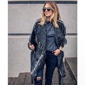 FREE PEOPLE Tweed Fringe Wrap Blanket Coat in Black